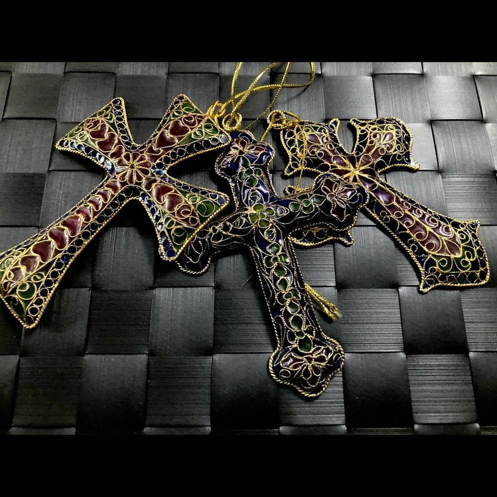 Vintage Plique a Jour CLOISONNE Enamel Stained Glass Floral Cross Ornaments